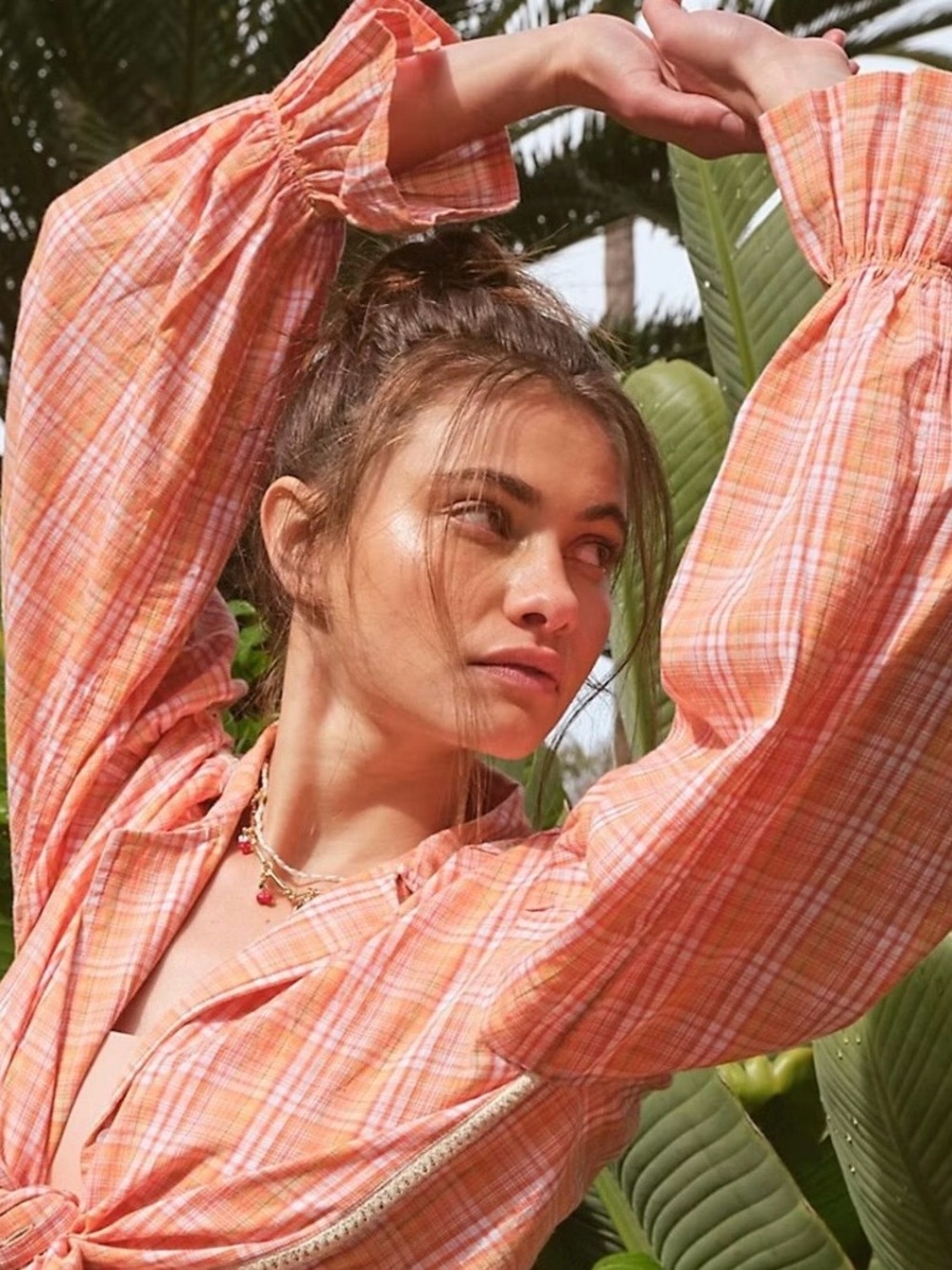 Free People Coral Orange Plaid Button Down